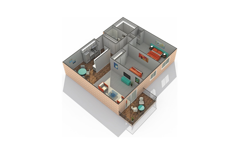 B1 - 2 bedroom floorplan layout with 1 bath and 979 square feet.