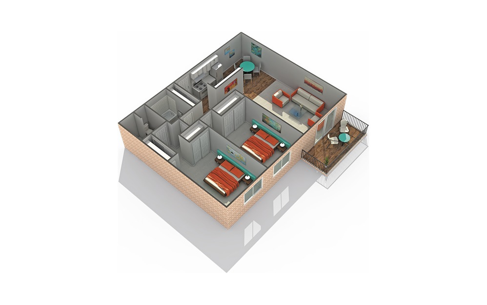 B2 - 2 bedroom floorplan layout with 2 baths and 979 square feet.